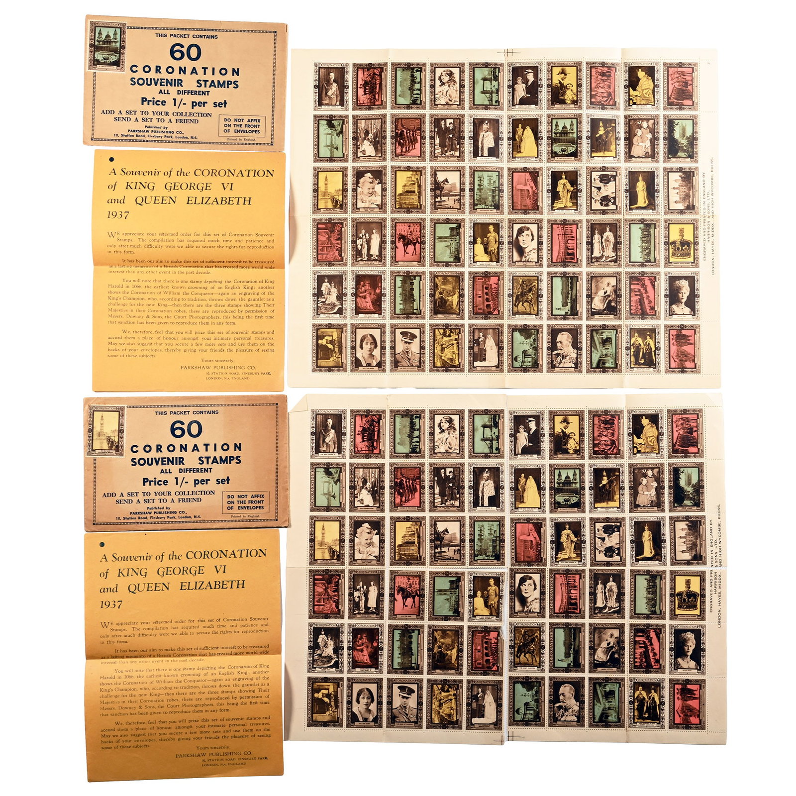 Two Packs of Sixty [60] King George VI Coronation Souvenir Stamps in Original Envelopes: 1937 A.D. Comprising: two packs of 60 'cinderella' stamps in original packets priced at 1 shilling per set. 22.77 grams total, 15.3 x 10 cm each pack (6 x 4 in.). [No Reserve] Acquired on the UK phila