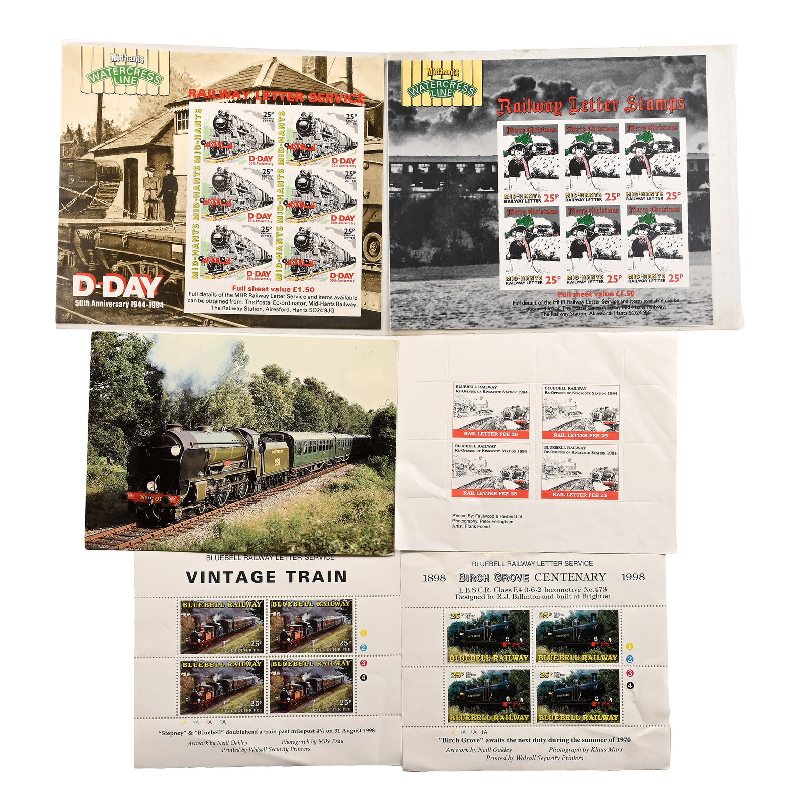 Bluebell Railway Commemorative Stamp Collection: 1988-1998 A.D. Comprising: five mint never hinged mini sheets of Bluebell Railway 'Cinderella' stamps plus a commemorative Bluebell Railway first day cover issued to mark the 50th anniversary of 'Mall