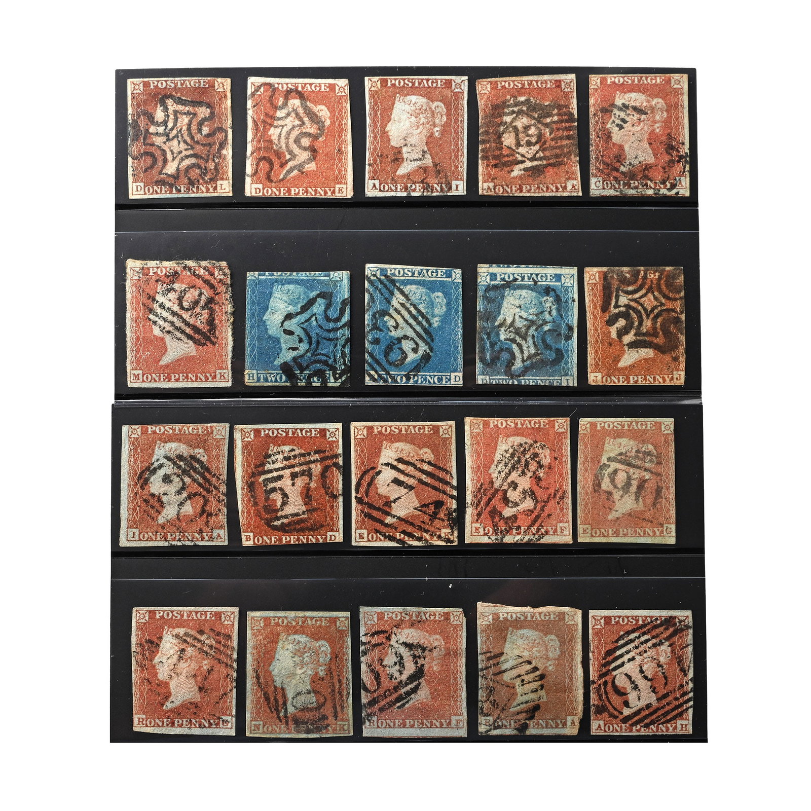 Victorian Penny Red and Two Penny Blue Group, Five with Black Maltese Crosses (1 of 1)