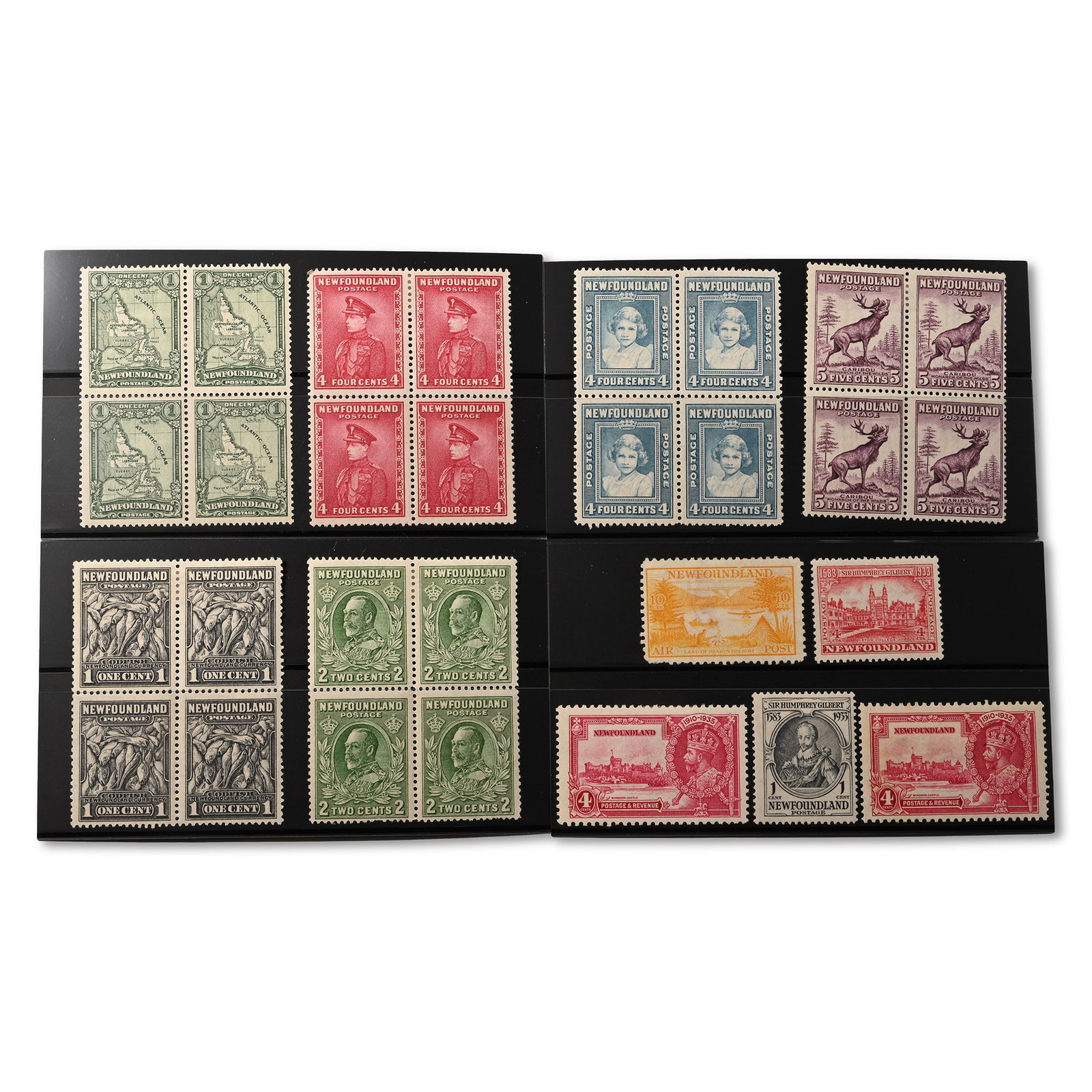 Early Canadian Stamps: 20th century A.D. Group of mint hinged stamps from Newfoundland. 26 grams total, 12.5 x 8.5 cm (4 7/8 x 3 3/8 in.). [No Reserve] Property of an Essex, UK, gentleman. TimeLine Auctions follows a rigoro