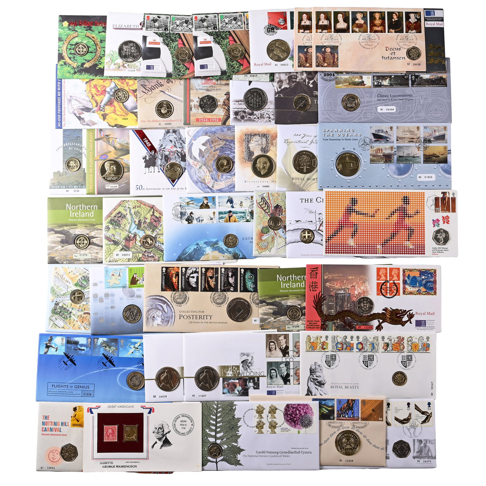Group of Forty [40] Mainly GB First Day Stamp Covers Each with UNC Coin.: 20th-21st century A.D. Covers comprising: George Washington 2 Cents stamp with 22ct gold replica; 1996 ?1 coin for Northern Ireland; Elizabeth II 70th birthday commemorative crown; a celebration of fo