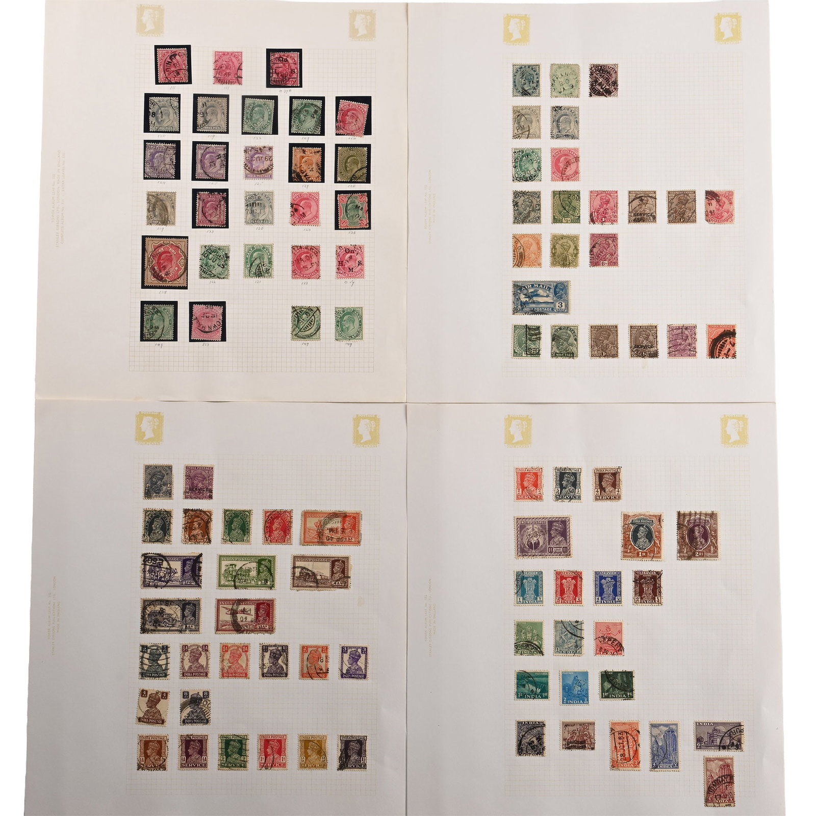 A Collection of Stamps from India: 20th century A.D. Comprising: 98 mint and used stamps mounted on four pages. 48 grams total, 28.5 x 25 cm (11 1/4 x 9 3/4 in.). [98, No Reserve] Property of an Essex, UK, gentleman. TimeLine Auctions 