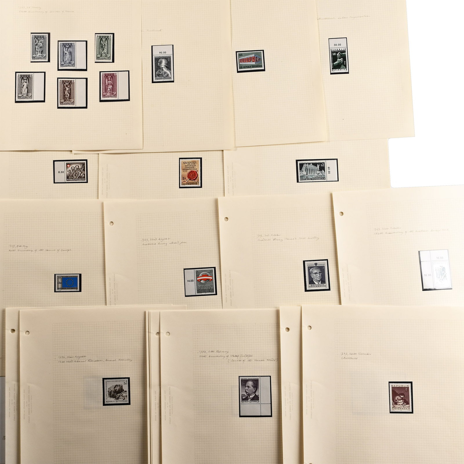 Austria Mint Stamp Collection: 20th century A.D. A group of 22 album pages with unmounted mint stamps with collector's annotations in pencil. 142 grams total, 26.3 x 24.8 cm (10 3/8 x 9 3/4 in.). [22, No Reserve] Property of an Ess