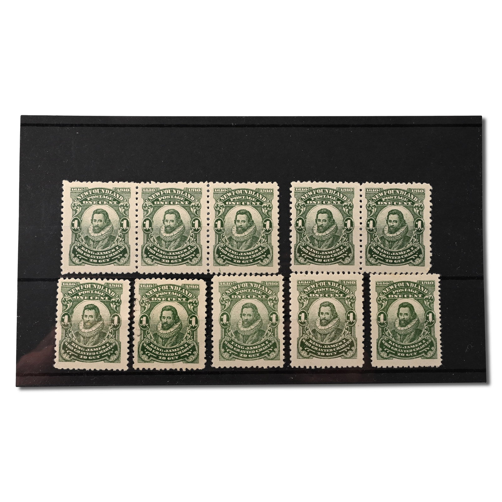 Early Canadian Stamps: 20th century A.D. Group of stamps from Newfoundland, both blocks and one single mint not hinged, the rest hinged. 11 grams total, 15.5 x 10.5 cm (6 1/8 x 4 1/8 in.). [No Reserve] Property of an Essex,