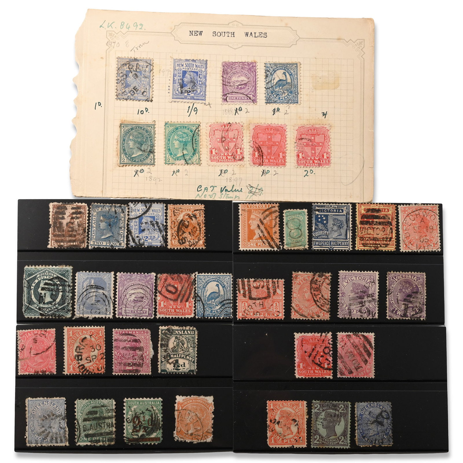 Australian Stamps: 19th-20th century A.D. Victorian (QV) and later used stamps from New South Wales, Victoria, Queensland and Tasmania. 27 grams total, 16.5 x 10.3 cm (6 1/2 x 4 1/8 in.). [No Reserve] Property of an Ess