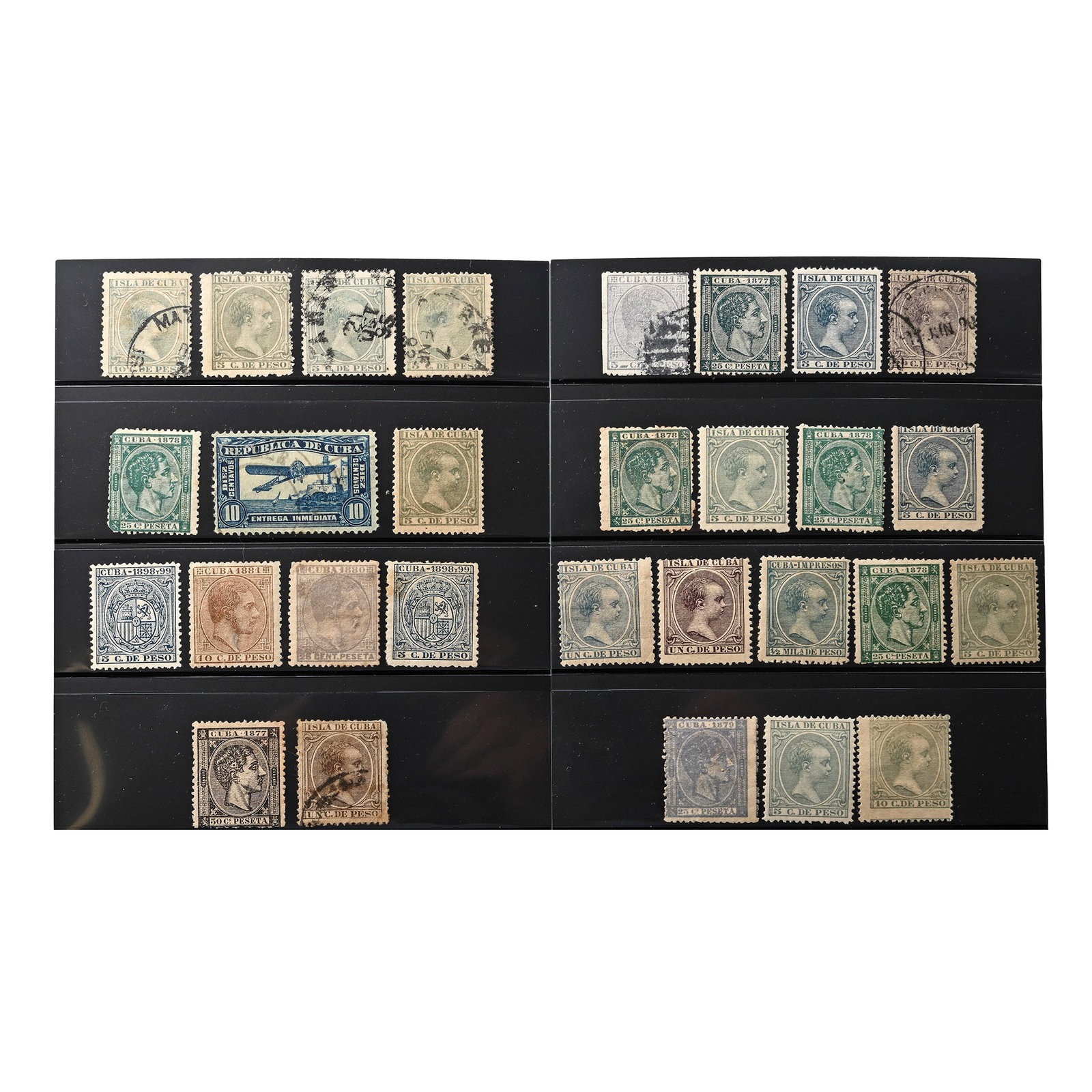 Early Cuban Stamp Group: 19th century A.D. Cuba: 29 x early perforated stamps on four cards including Mint hinged and used. 23 grams total, card: 12 x 8.5 cm. (4 3/4 x 3 1/4 in.). [No Reserve] Property of an Essex, UK, gentle