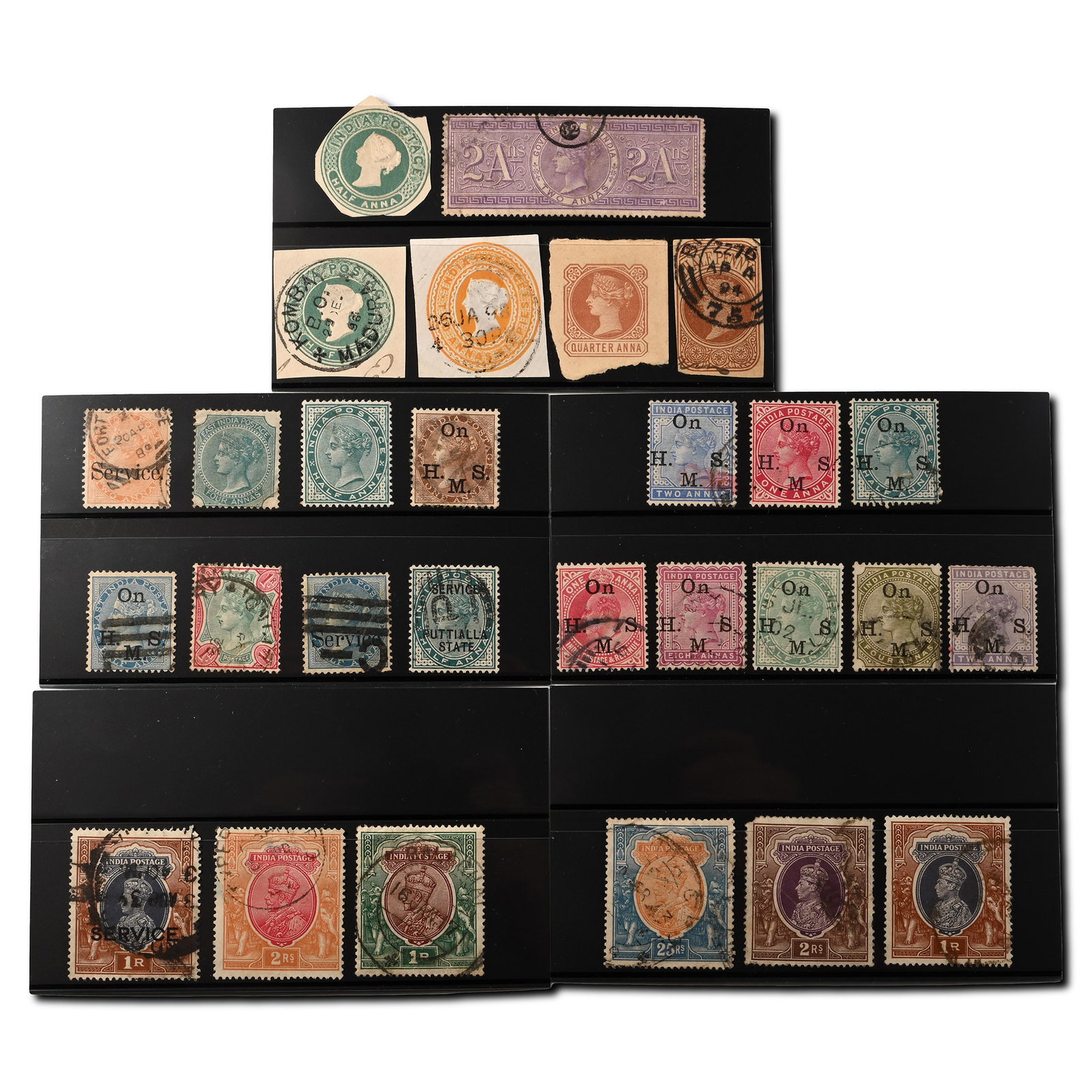 Early Stamps from India: 19th-20th century A.D. Victorian (QV) stamps from india, mostly used with some mint hinged. 33 grams total, 12.5 x 8.5 cm (4 7/8 x 3 3/8 in.). [No Reserve] Property of an Essex, UK, gentleman. TimeLin
