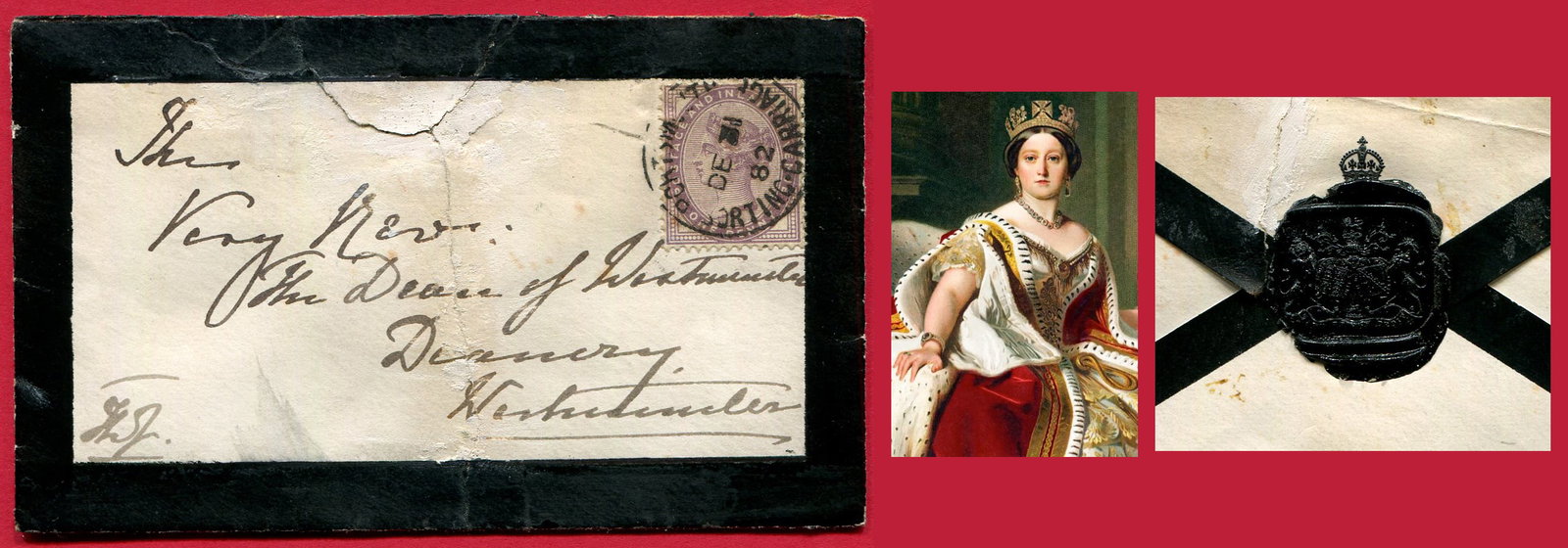 QUEEN VICTORIA (1819-1901) ENVELOPE SIGNED BY HER 'THE Q' to 'The Dean of Westminster': 1882 A.D. With 1d SG 172, tied by 'PORTSMOUTH SORTING CARRIAGE.1882' CDS. With Royal Seal on reverse, cover torn but a piece of history. Acquired on the UK philatelic market. From the property of an E