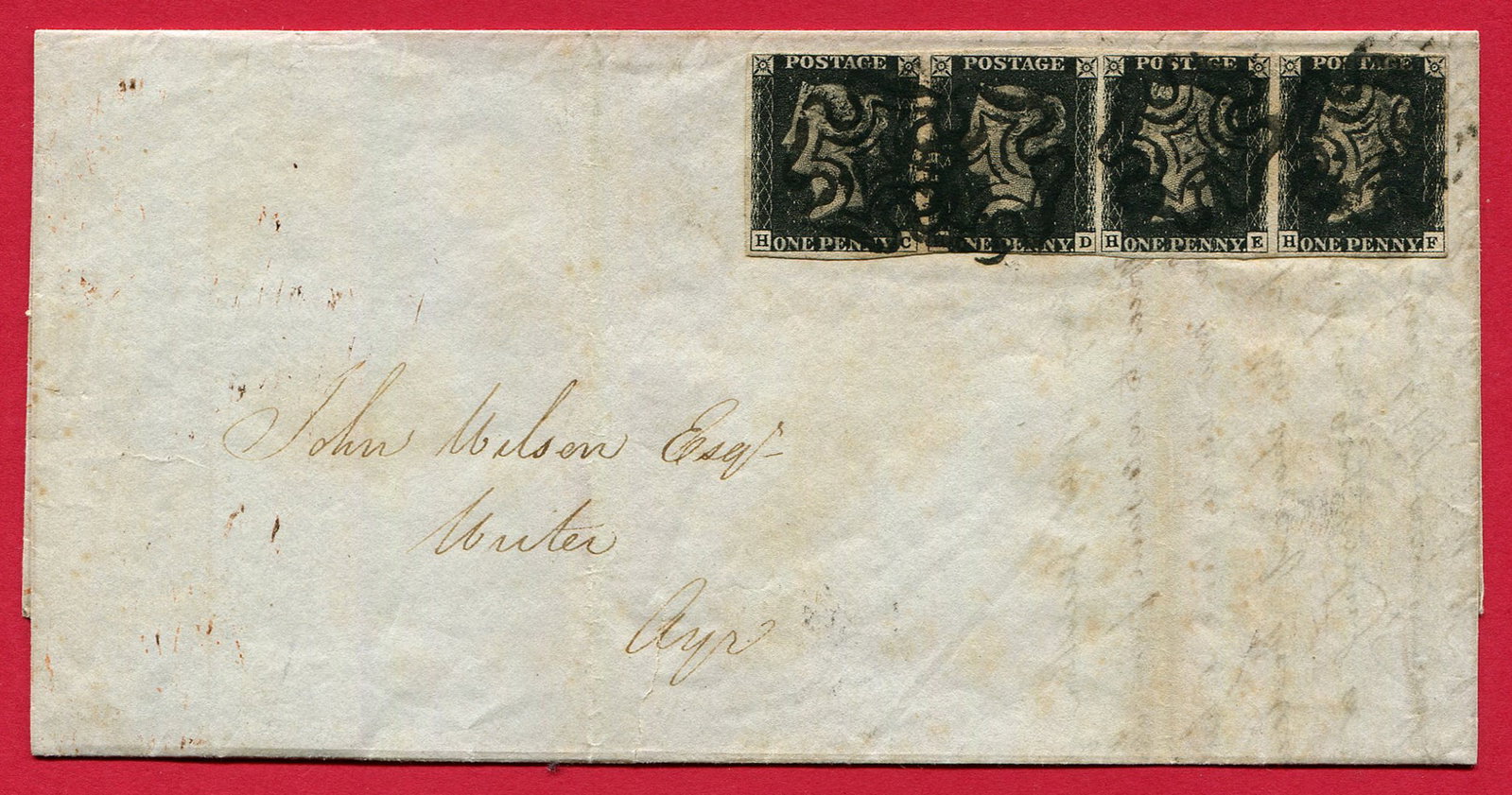 1d Black Pl.6 'HC-HF' STRIP OF 4 ON ENTIRE (4d RATE UP TO 2 OUNCES): Tied by Black MX's 'Glasgow.17.3.1841-Ayr', 4 close-fine margins, (vertical bend on 'HC', EX. PICHAI GOLD MEDAL COLL) With RPS Cert. Acquired on the UK philatelic market. From the property of an Engli