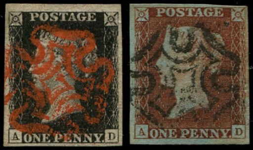 1d Pl.5 'AD' MATCHED PAIR 1d BLACK: 'VERMILION' MX, 4 fine-huge margins. 1d red, good 4 margins, black MX, very pretty duo. Acquired on the UK philatelic market. From the property of an English gentleman. TimeLine Auctions follows a rig