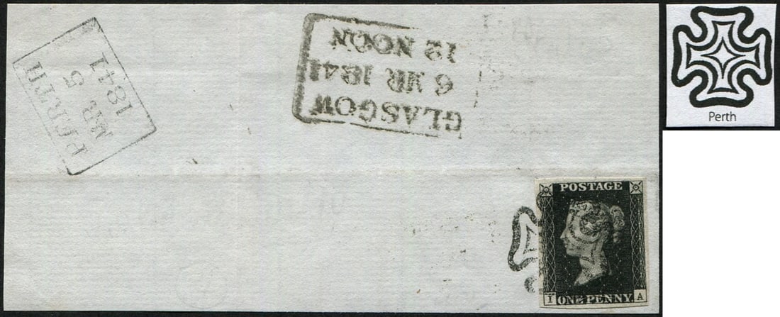 1d Pl.5 'IA' 'PERTH' MX: Superb complete strike on fine 4 margin copy tying to small piece with 'Perth. Mr 5.1841' box cancel on top flap. (Spec.AS25uh) (c. ?2,500 on full cover) Acquired on the UK philatelic market. From the