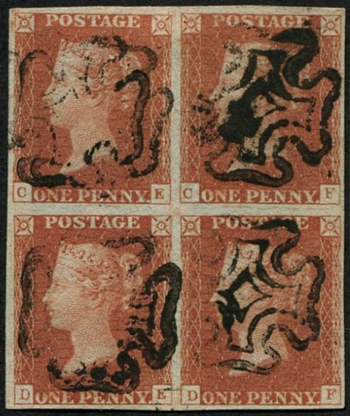 1d Pl.20 'CE-DF' BLOCK OF 4 'BLACK' MX's: Good 4 margins & sound. Scarce with black MX's. (Spec.BS9) (c. ?850). Acquired on the UK philatelic market. From the property of an English gentleman. TimeLine Auctions follows a rigorous vetting proc
