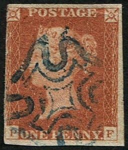 1d Pl.28 'PF' 'BLUE' MX: Lovely strike, fine 3 1/2 margins. (c. ?650). Acquired on the UK philatelic market. From the property of an English gentleman. TimeLine Auctions follows a rigorous vetting process to ensure the authen