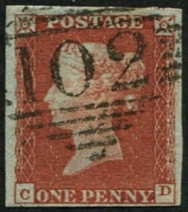 1d Pl.54 'CD' VFU: Irish diamond ('102' of Carrickfergus), fine 4 margins. Pretty. (Spec.BS43). Acquired on the UK philatelic market. From the property of an English gentleman. TimeLine Auctions follows a rigorous vetti