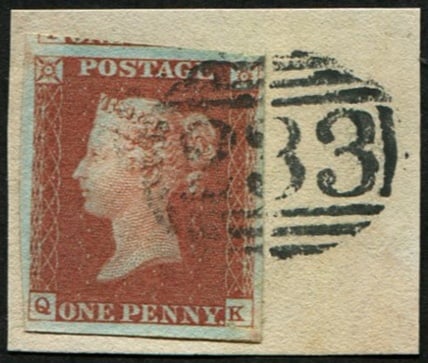 1d Pl.100 'QK' VFU: '233' (Darlington) numeral complete numeral tying fine four large margin copy to small piece. Pretty. (c. ?40). Acquired on the UK philatelic market. From the property of an English gentleman. TimeLin