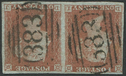 1d Pl.108 (SG 8wi, 'WMK.INV') PAIR VFU: Neat '383' (Hull) numerals, four good-large margins. Scarce in multiples. (c. ?800 as singles). Acquired on the UK philatelic market. From the property of an English gentleman. TimeLine Auctions follo