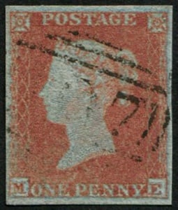 1d Pl.143 'ME' (SG 12 'ORANGE-BROWN') VFU: Light numeral, fine four margins. Fab colour of this scarcer shade. (Spec.B2/3) With Mike Williams Cert (c. ?275). Acquired on the UK philatelic market. From the property of an English gentleman. Time