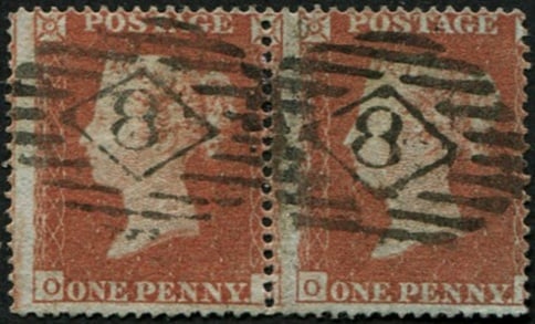 1d SG 16b 'ARCHER PERF' Pl.93 'OJ-OK' PAIR VFU: Crisp London '8' numerals. (perf comb 1, listed in Wilkinson). (Spec.CE2) (fine quality multiples are very scarce). With Mike Williams Cert. Acquired on the UK philatelic market. From the property of 