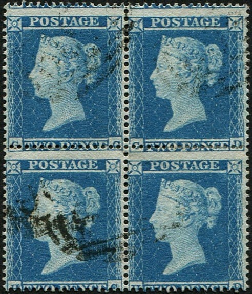 1d SG 20 (Pl.4 'CC-HD') 'Pale-Blue' BLOCK OF 4 VFU: Light numerals, fresh, sound & fine looking. Scarce. (c. ?1,500). Acquired on the UK philatelic market. From the property of an English gentleman. TimeLine Auctions follows a rigorous vetting process 