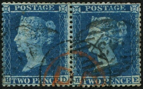 2d SG 35 (Pl.5 'HD-HE') PAIR: RED 'PD' transit cancel & London duplex + French arrival CDS in black. Unusual & pretty. Acquired on the UK philatelic market. From the property of an English gentleman. TimeLine Auctions follows a ri