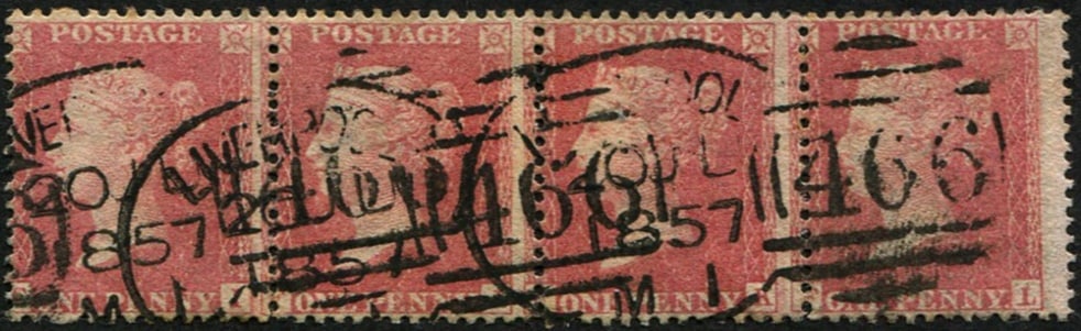 1d (Spec.C9A) (SCARCE Pl.49 'FI-FL'), Strip of 4 VFU: 'Liverpool.1857' spoon cancels, fresh & a rare multiple. (Spec.C9A) With BPA Cert (c. ?1,200 as singles). Acquired on the UK philatelic market. From the property of an English gentleman. TimeLine Auct