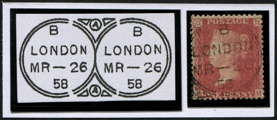 1d SG 40 (Pl.43 'GH') 'OPERA-GLASS' EXPERIMENTAL MACHINE CANCEL: Superb strike on fresh copy. Very scarce. (Spec.C10). Acquired on the UK philatelic market. From the property of an English gentleman. TimeLine Auctions follows a rigorous vetting process to ensure th