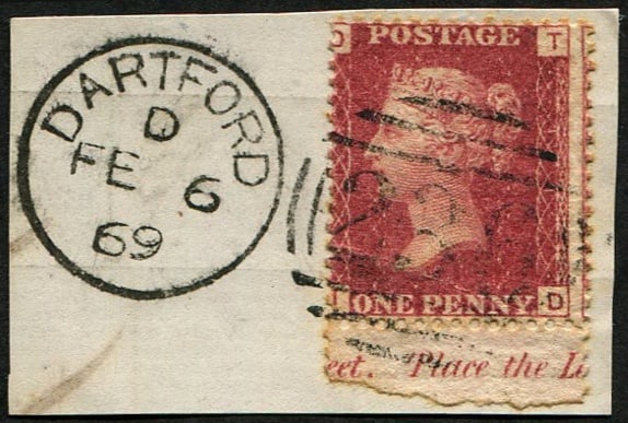 1d SG 43, Pl.111 VFU: BOTTOM MARGINAL WITH INSCRIPTION tied by '236' (Dartford.1869) duplex on piece, pressed crease through centre. Unusual & very pretty. Acquired on the UK philatelic market. From the property of an Engl