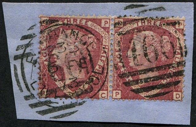1 1/2d SG 53 'OP-PC' ERROR OF LETTERING IN PAIR: (L/H copy), VFU, '466, Liverpool.1873' CDS & numeral. Rare in a multiple, bright colour. With BPA Cert. Acquired on the UK philatelic market. From the property of an English gentleman. TimeLine Auctio