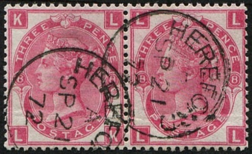 3d SG 103, Pl.8 PAIR VFU: PERFECTLY CENTRED, each 'Hereford.1872' CDS. Fresh & pretty. Acquired on the UK philatelic market. From the property of an English gentleman. TimeLine Auctions follows a rigorous vetting process to en