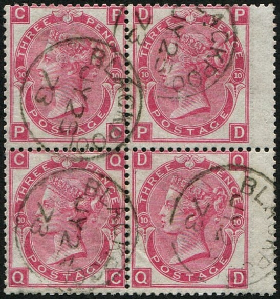 3d SG 103, Pl.10 BLOCK OF FOUR VFU: 'Blackpool.1873' CDS. Fresh & a scarce plate to get in block. (c. ?950). Acquired on the UK philatelic market. From the property of an English gentleman. TimeLine Auctions follows a rigorous vetting p