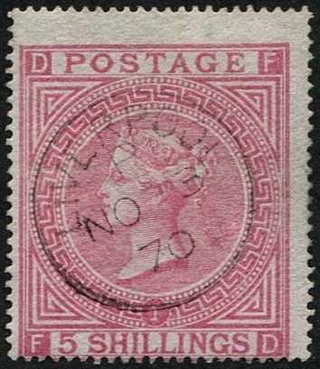5/- SG 127 Pl. 1 'PALE-ROSE' SUPERB USED: Crisp light 'Liverpool.1870' CDS. Very fresh. (c. ?675). Acquired on the UK philatelic market. From the property of an English gentleman. TimeLine Auctions follows a rigorous vetting process to ensure