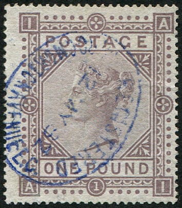 ?1 BROWN SG 129 'BLUE' CANCEL, VFU: Crisp neatly struck 'Throgmorton Ave.1882' oval reg cancel in lovely bright blue colour. Very pretty & scarce. Acquired on the UK philatelic market. From the property of an English gentleman. TimeLine