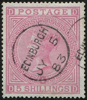 5/- ROSE SG 130, Pl.4 ON 'BLUED PAPER' VFU: Well centred, crisp 'Edinburgh.1883' CDS, fresh & fine bluing. Difficult to get this fine. Acquired on the UK philatelic market. From the property of an English gentleman. TimeLine Auctions follows a 