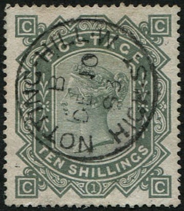 10/- GREEN SG 135 (wmk.anchor) VFU: Perfectly centred, complete 'Notting Hill.1883' CDS. Fine looker. (c. ?4,250). Acquired on the UK philatelic market. From the property of an English gentleman. TimeLine Auctions follows a rigorous vet