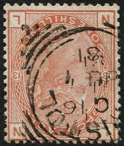 1/- BROWN SG 151wi, Pl.13 'WMK.INV' VFU: 'Bristol.1881' sq. circle CDS, fresh, well centred & fine colour. Scarce. (c. ?1,500). Acquired on the UK philatelic market. From the property of an English gentleman. TimeLine Auctions follows a rigo