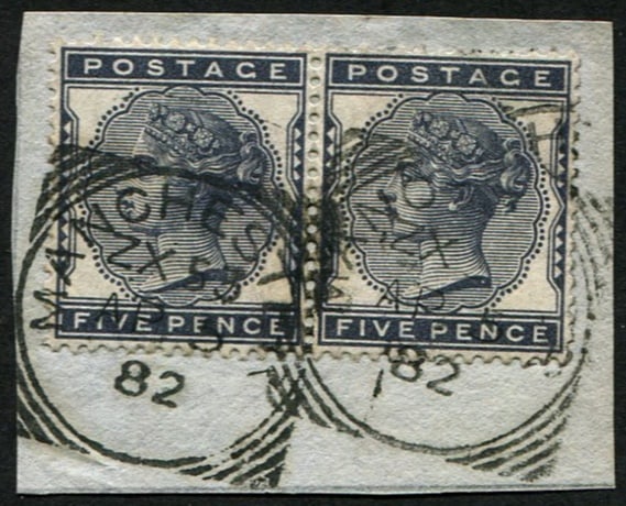 5d SG 169 PAIR VFU, (10d rate): Crisp 'Manchester.1882' sq.circle CDS tying to small piece. Pretty. Acquired on the UK philatelic market. From the property of an English gentleman. TimeLine Auctions follows a rigorous vetting proces
