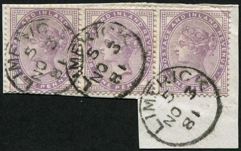 1d SG 171 (14 dots) 'Pale-Lilac' STRIP OF THREE VFU: Neat 'Limerick.1881' CDS, scarce to get CDS & 'Bluish-Lilac' tinge to colour. Acquired on the UK philatelic market. From the property of an English gentleman. TimeLine Auctions follows a rigorous vett