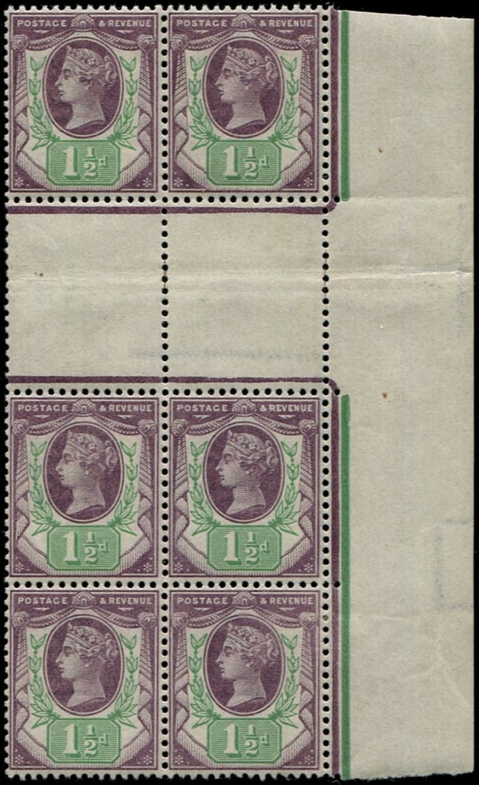1 1/2d SG 198 INTERPANNEAU 'GUTTER' BLOCK OF 6: U/M, super fresh, unusual & scarce. Acquired on the UK philatelic market. From the property of an English gentleman. TimeLine Auctions follows a rigorous vetting process to ensure the authenticity and