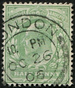 1/2d SG 217 Variety 'VERY PALE YELLOWISH-GREEN' VFU: 'London.1906' CDS (Listed By Hendon, Spec.M1/3.var). Acquired on the UK philatelic market. From the property of an English gentleman. TimeLine Auctions follows a rigorous vetting process to ensure the