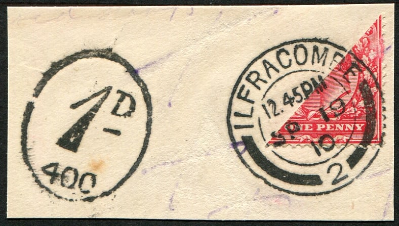 1d SG 219 'BI-SECTED' ON PIECE, VFU: 'Ilfracombe.1910' CDS tying to small piece with '1d to pay' cancel. Acquired on the UK philatelic market. From the property of an English gentleman. TimeLine Auctions follows a rigorous vetting proces