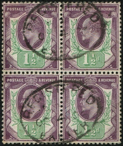 1 1/2d SG 224 'Slate-Purple' BLOCK OF 4 VFU: 'Exeter.1904' Reg. cancels. (Spec.M8/2) (c. ?125). Acquired on the UK philatelic market. From the property of an English gentleman. TimeLine Auctions follows a rigorous vetting process to ensure the a