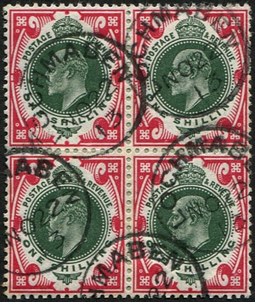 1/- SG 314 BLOCK OF 4, VFU: Crisp 'Lochmauen.1913' fresh & pretty. (Spec. M47/5) (c. ?200+). Acquired on the UK philatelic market. From the property of an English gentleman. TimeLine Auctions follows a rigorous vetting process t