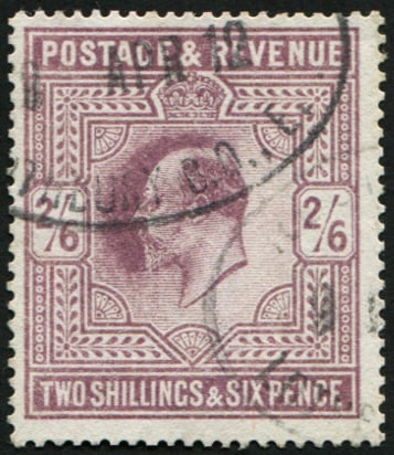 2/6d SG 315 'DULL GREYISH-PURPLE' (F) VFU: Light ‘Lothbury.1912’ oval steel cancels. Fine colour of this scarce shade. (Spec.M50/1) (c. £450). Acquired on the UK philatelic market. From the property of an English gentleman. TimeLine 