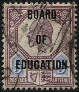 BOARD OF EDUCATION 5d SG O86 FU: Light '1904' CDS cancel, (light corner bend, hard to find). Strong colour. Rare. (Only a handful of better quality ones exist) With Wenvoe Cert (c. ?8,500). Acquired on the UK philatelic market. From 
