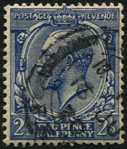 2 1/2d SG 372 Variety, 'INTENSE DULL GREENISH-BLUE': FU, '1920' CDS. Amazing colour & rare. (Only used one we've seen) (Spec.N21.var) With Hendon Cert. Acquired on the UK philatelic market. From the property of an English gentleman. TimeLine Auctions fo