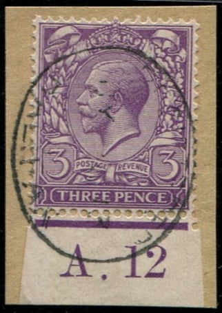 3d SG 374 CONTROL 'A.12' (W) VFU: Tied by crisp oval steel reg cancel to small piece. Pretty. Acquired on the UK philatelic market. From the property of an English gentleman. TimeLine Auctions follows a rigorous vetting process to ens