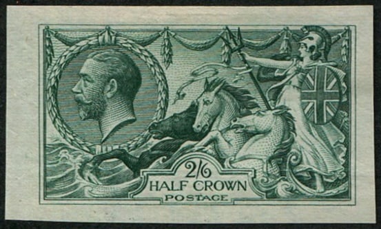 2/6d SG 400 IMPERF 'COLOUR TRIAL' IN 'BOTTLE-GREEN': (On ungummed paper, wmk. 'Jas Wrigley'). Fresh, 4 huge margins. Stunning colour. (c. ?5,500). Acquired on the UK philatelic market. From the property of an English gentleman. TimeLine Auctions follows