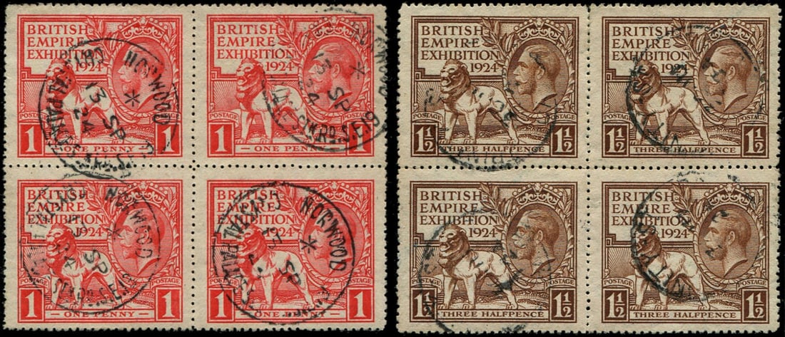 1924 WEMBLEY 1d & 1 1/2d SG 430/31 SET: IN BLOCKS OF 4 VFU, 'Norwood.1924' CDS. Unusual. Acquired on the UK philatelic market. From the property of an English gentleman. TimeLine Auctions follows a rigorous vetting process to ensure the aut