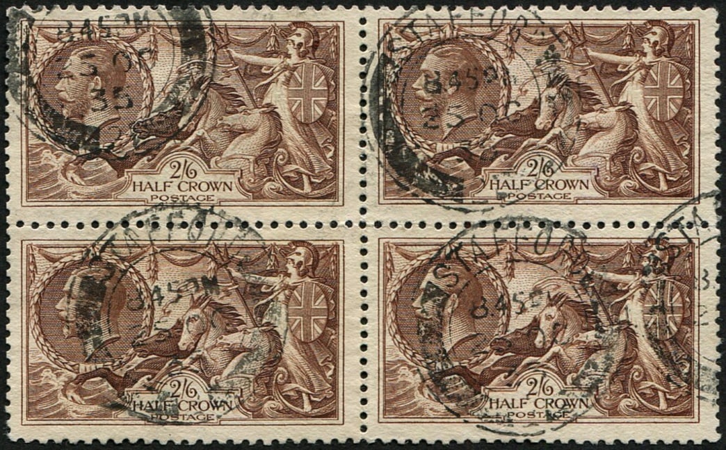 2/6d SG 450(2) 'REDDISH-BROWN' BLOCK OF 4 VFU: 'Stafford.1935' double ring CDS cancels. Scarce to get used. (Spec.N73/2). Acquired on the UK philatelic market. From the property of an English gentleman. TimeLine Auctions follows a rigorous vetting