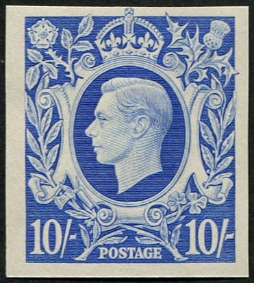 1942 10/- SG 478b IMPERF 'IMPRIMATUR' U/M: Four fine-huge margins (backstamped 'BPMA') pristine fresh & stunning. (c. ?10,000). Acquired on the UK philatelic market. From the property of an English gentleman. TimeLine Auctions follows a rigoro